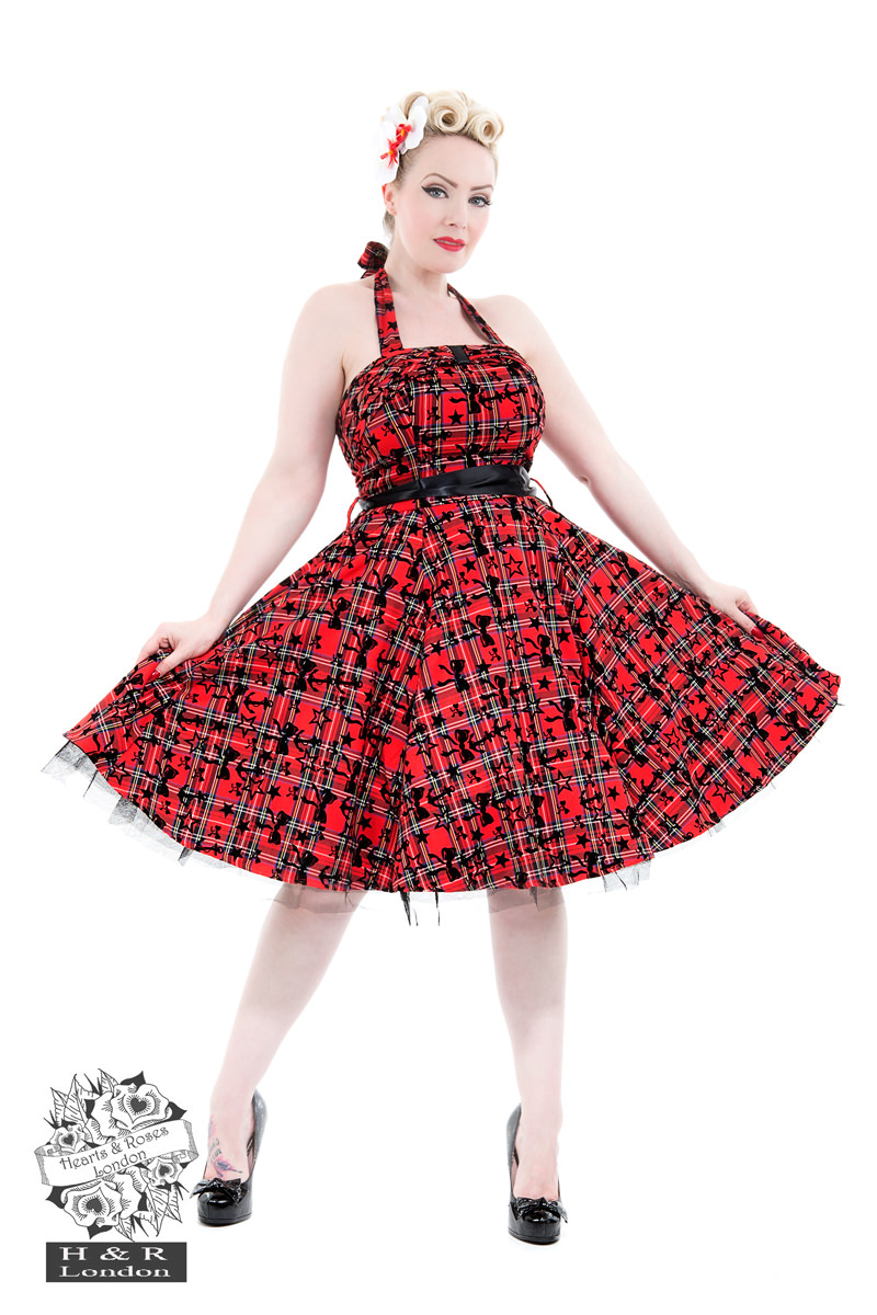 Kiara Red Tartan Flocked Halterneck Dress